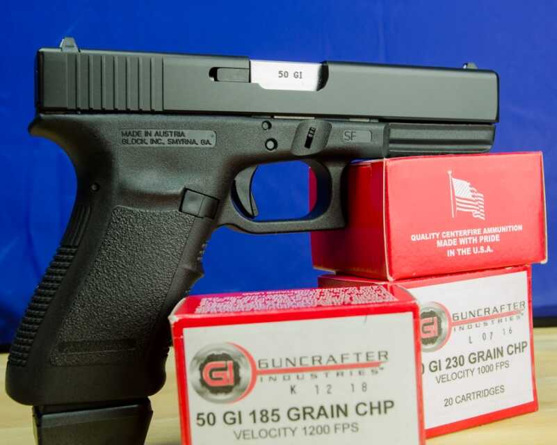 The .50 GI can be purchased as a conversion kit, or as the full pistol as seen here.