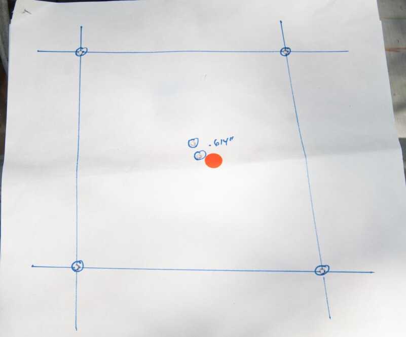Here's a fancy version of "shooting the box." I started in the middle, then used scope adjustments to define the four corners. The last shot was back to zero settings. As you can see, this scope came back to it's original zero pretty well.