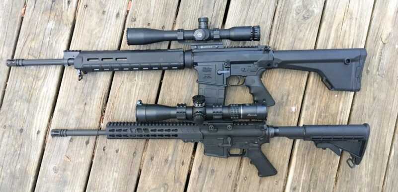 Just for scale, the Windham Weaponry rifle is shown here (top) with the Armalite M-15 we recently reviewed. 