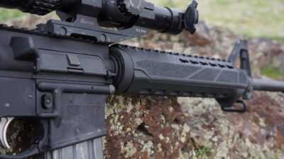 The slightly triangular-shaped hand guard by Bravo Company Manufacturing comes standard with internal heat shields.