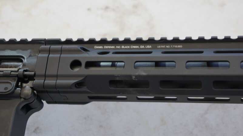 The hand guard on the rifle is skeletonized for light weight and as tested could accept MLOK accessories.
