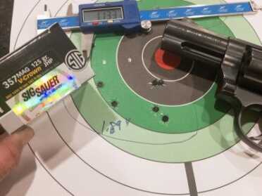 As long as you use the moon clips, this revolver will shoot as evidenced by this group shot with Sig Sauer V-Crown .357 Magnum ammo.