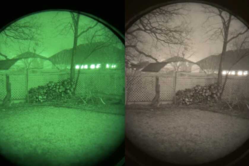 Side by side view through green phosphor tube vs Onyx filter black and white comparison same tube
