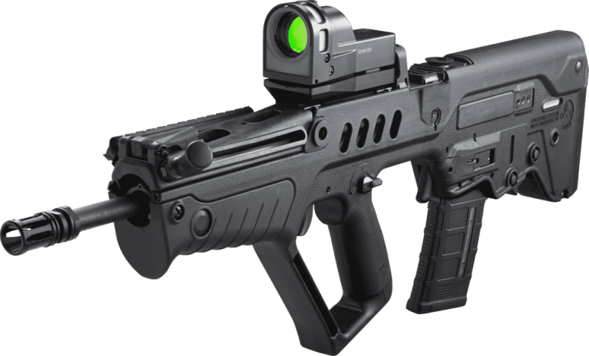Tavor bullpup rifle in 5.56 with red dot optic