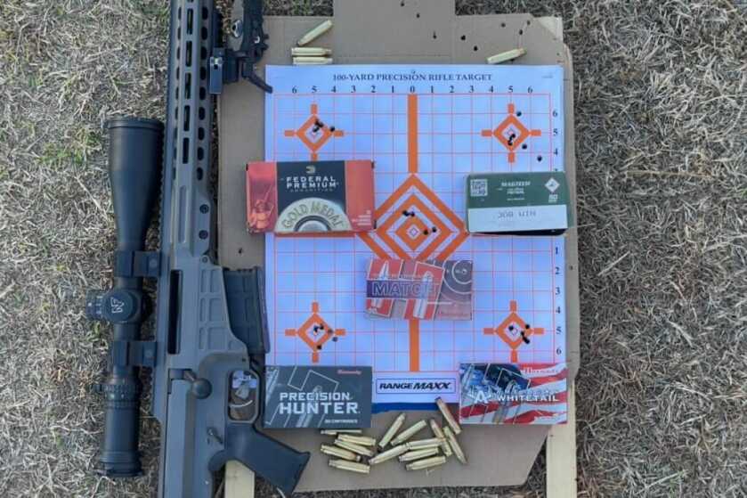 Barrett MRAD: SOCOM's Chosen Precision Rifle - A Comprehensive Review Groups shot from 100 yards with the Barrett MRAD next to the respective box of ammunition. Top left Federal Premium 168gr BTHP, Top right Magtech 147gr FMJ, Middle Hornady Superformance 168gr ELD Match, Bottom left Hornady Precision Hunter 178gr ELD-X, Bottom right Hornady Whitetail 150gr InterLock