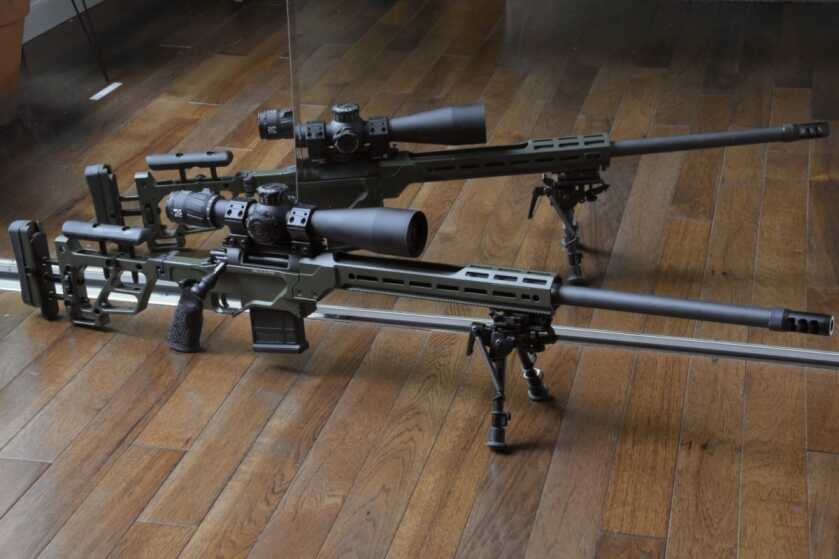 A bolt action Delta 5 Pro rifle is reflected in the mirror. 