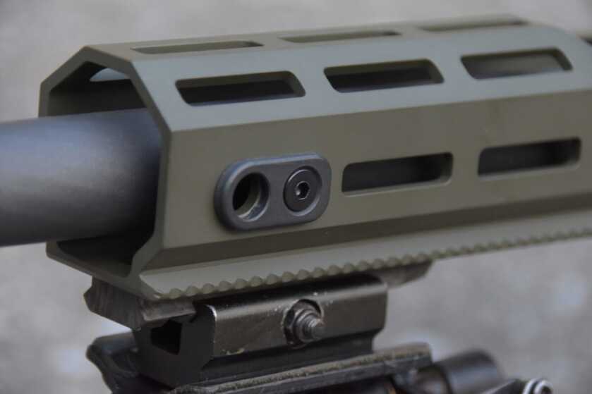 A closer view of the front of the Delta 5 Pro's handguard that featuers ARCA Swiss and M-LOK attachment points.