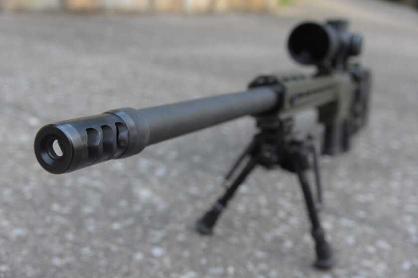 A closeup of the Area 419 Hellfire muzzle brake.