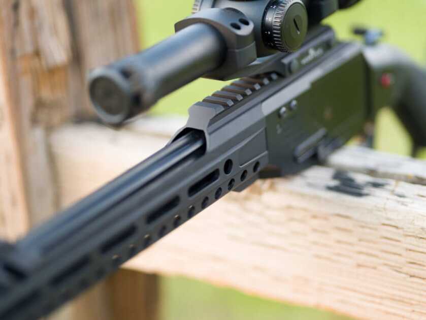 Tombstone 9mm: POF's Classic Lever Action with AR Styling POF Tombstone 9mm Close up of the handgaurd where it extends back over the receiver as a Picatinny rail.