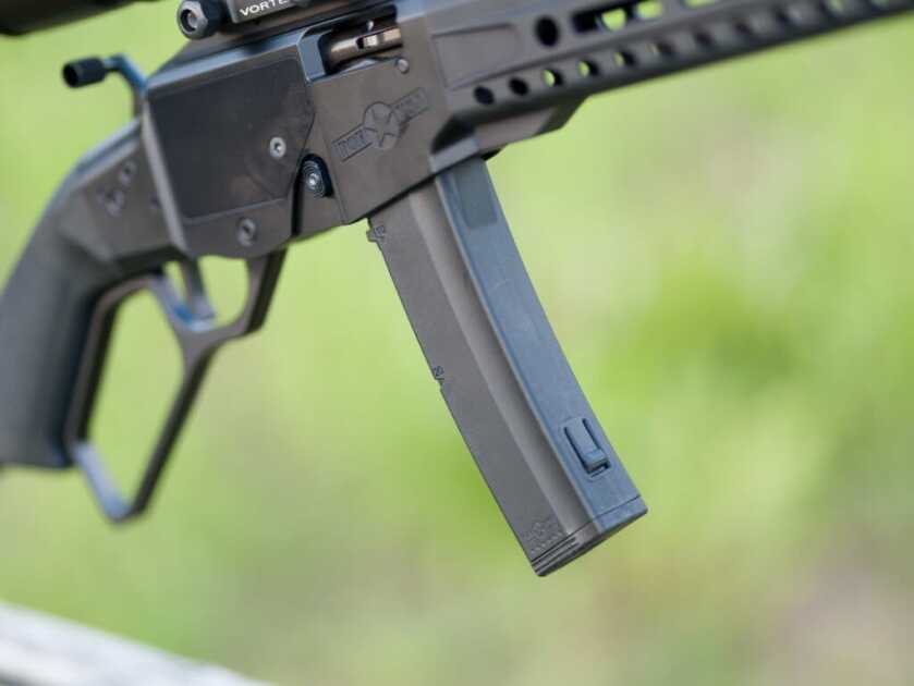 Tombstone 9mm: POF's Classic Lever Action with AR Styling POF Tombstone 9mm closeup of the 20-round magazine mounted in the receiver.