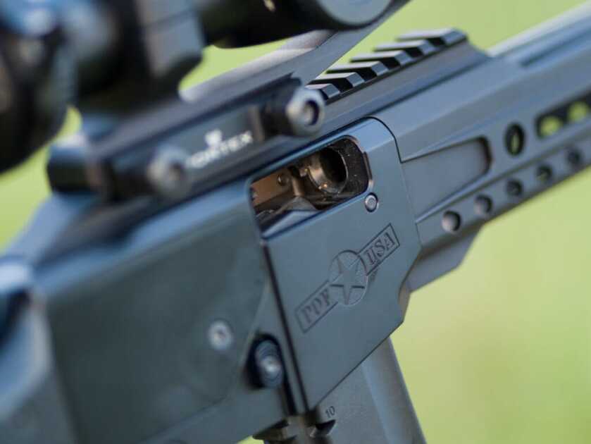 Tombstone 9mm: POF's Classic Lever Action with AR Styling POF Tombstone 9mm closeup of the interior of the action with the action open showing the empty chamber.