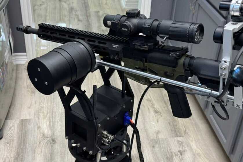 AR rifle strapped into the remote controlled turret