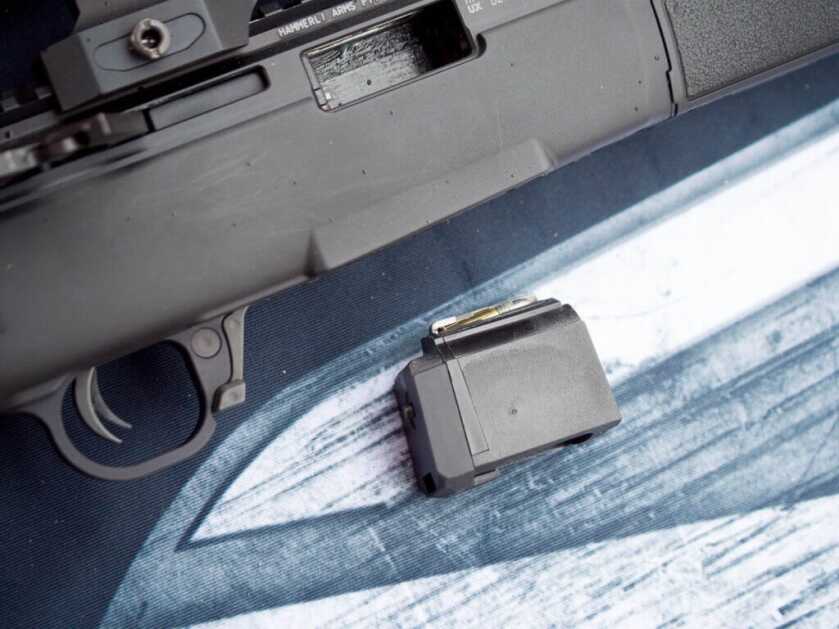 Close up view of the Ruger 10/22 magazine with extender to fit the larger mag well.