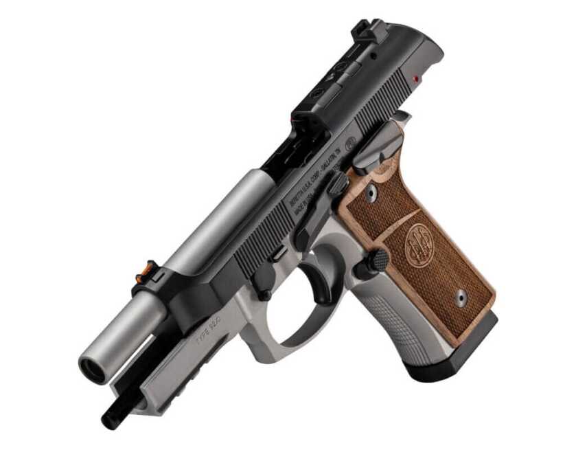 Isometric view of the  entire gun from the front top left side with the slide help open.