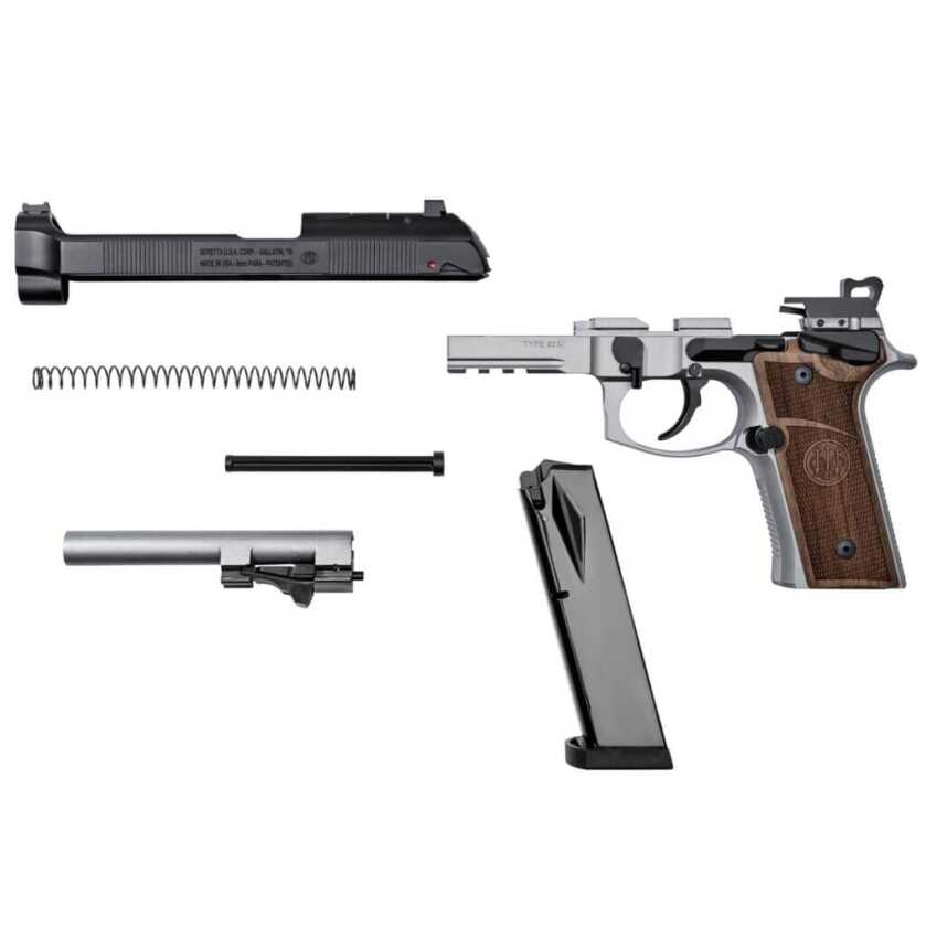 This photo shows the major parts of the gun disassembled and layed out as they go together.