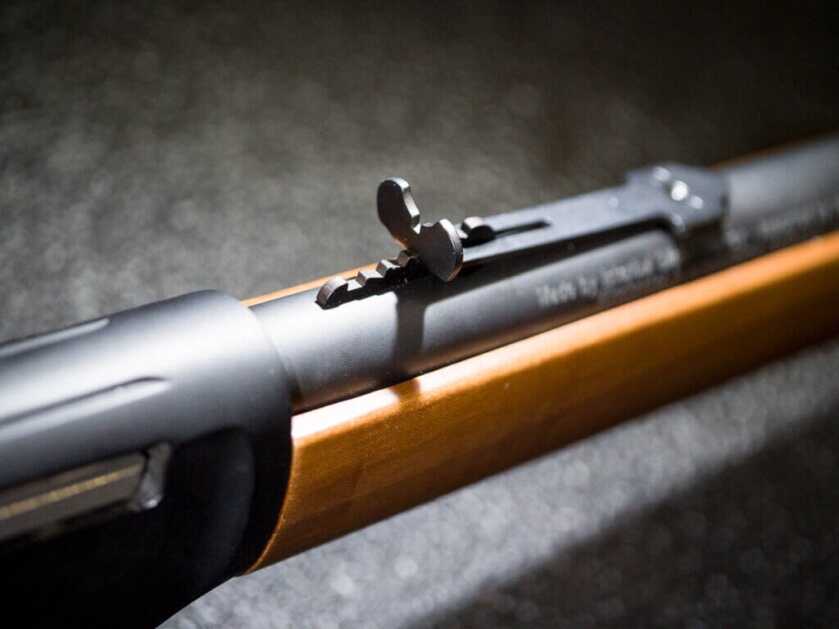 Close up of the rear sight. The gun is pointed away and right.