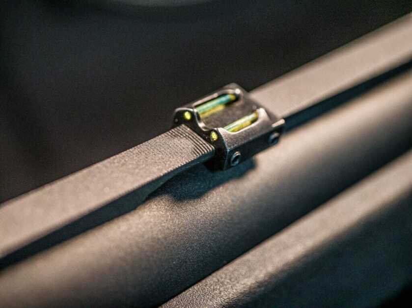 Close up view of the mid-barrel fiber optic sight.