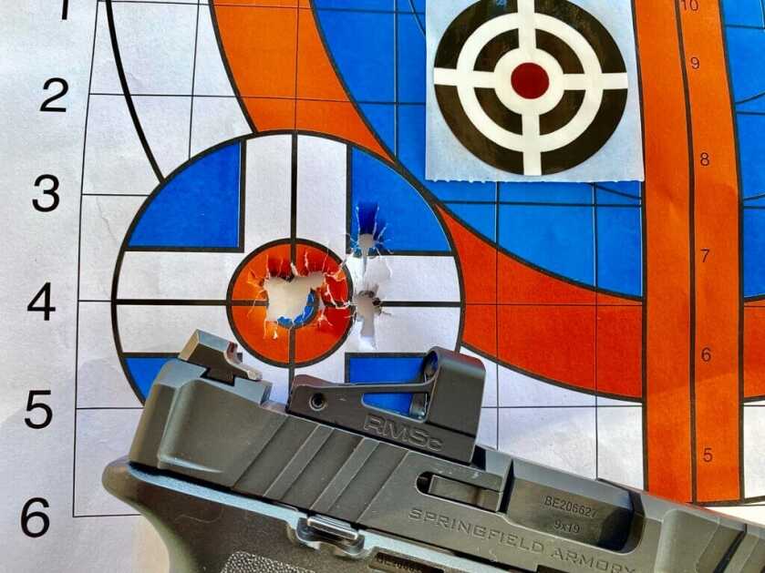 Shield RMSc installed to Springfield Echelon in front of red, white, and blue target