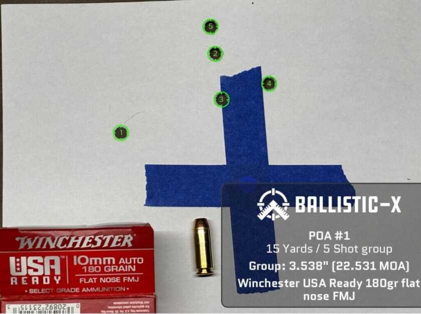 Five bullet holes are grouped on a target.