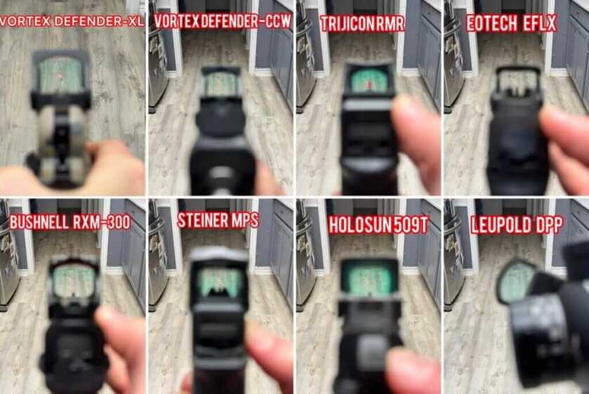 comparing the lights on 8 different handgun red dots