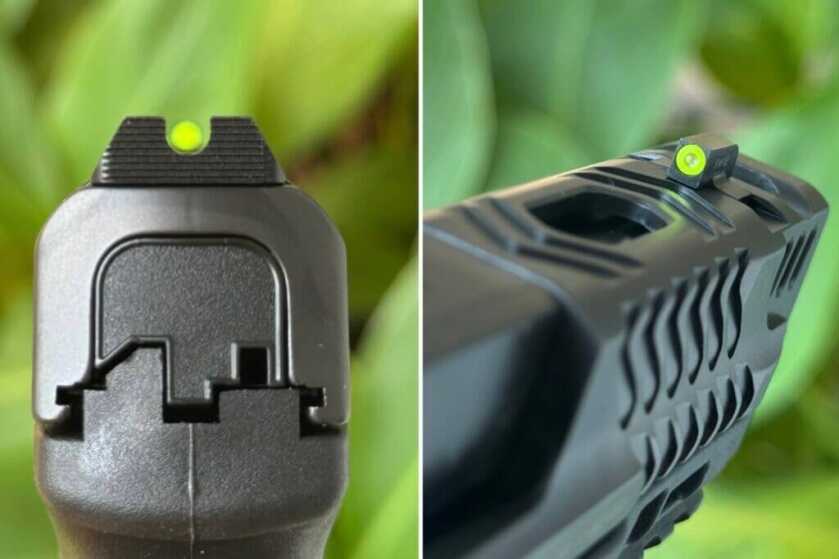 Front and rear sights on competition pistol