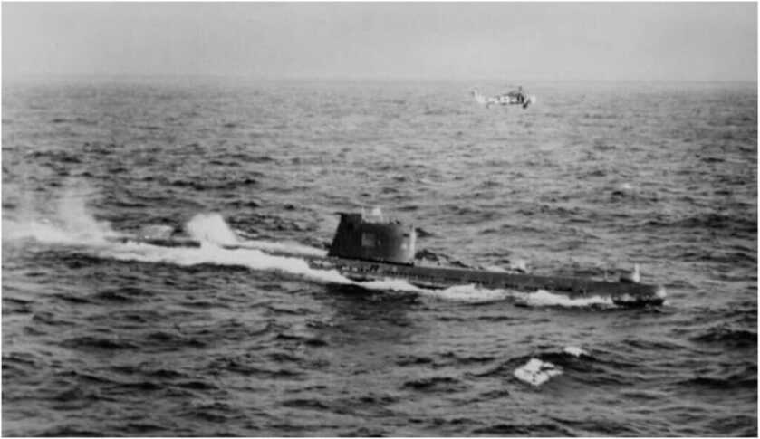 black and white image of a B-59 submarine surfacing