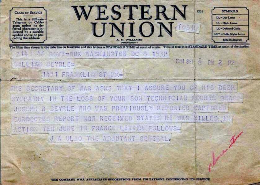 Photo of the western union notice that Joseph "Jumpin' Joe" Beyrle family got stating he had died on D-Day. 