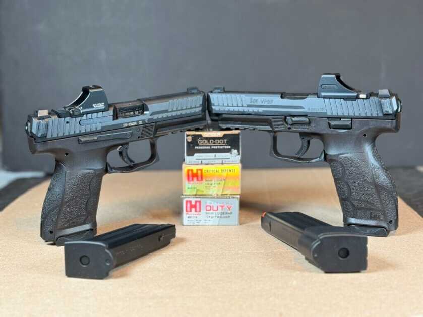 HK VP9 A1 K and F Models on table with ammo and magazines