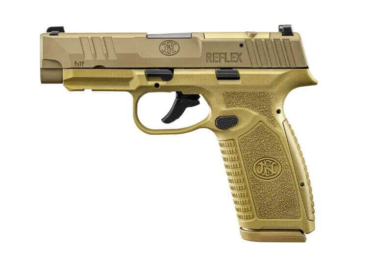 The FN XL MRD is a tan, compact handgun with a large grip that fits many bullets in the magazine.