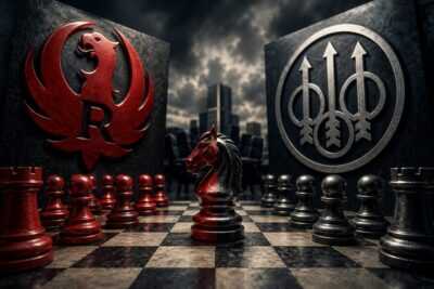 Beretta and Ruger logos representing stock ownership battle between firearm companies.