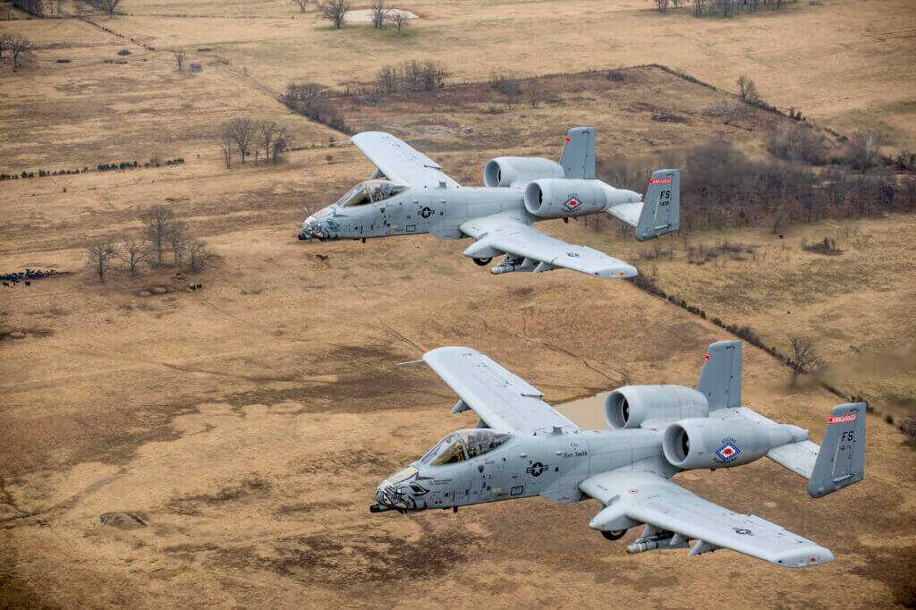 A-10 Thunderbolt II Warthog attack aircraft in flight during training formation