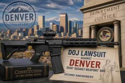 Denver skyline with AR-15 rifle debate Second Amendment lawsuit DOJ