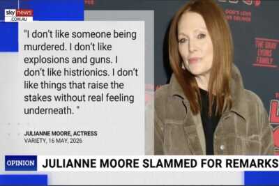 Julianne Moore speaking at a film festival alongside imagery of Hollywood action movie explosions and firearms.