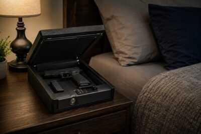 A gun safe by the nightstand.