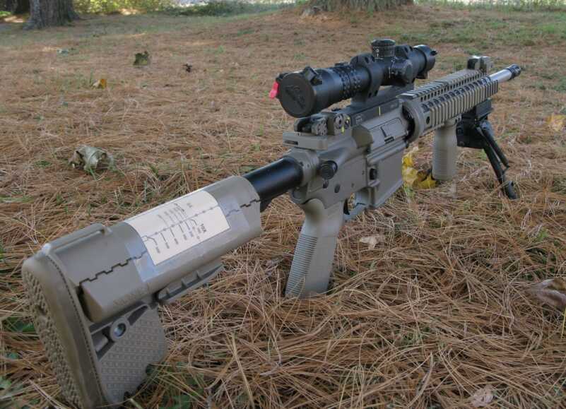 On this AR-15 a ballistic data card is taped to the stock for easy referencing by the shooter.  It shows the hold overs needed to accuracy engage targets from 100-600 yards on both 5X and 10X for the SFP optic.