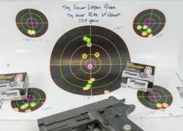 Brand New from Sig--Legion 9mm Pistol--Hands On Review All (6) five-shot groups using Sig Sauer's 124 grain V-Crown load came in at less than two inches.