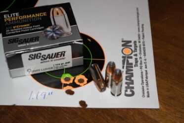 Brand New from Sig--Legion 9mm Pistol--Hands On Review I miscounted on this one and fired six shots, but the group was still just 1.19 inches from 25 yards.