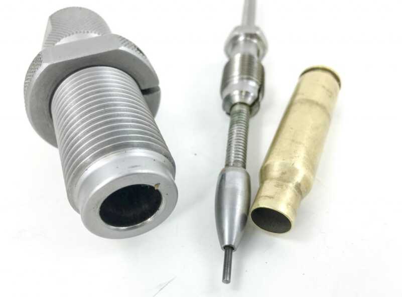 I've removed the spindle on the Hornady .308 resizing die so you can see the decapping pin and the "ball" that opens up the case mouth as the case is pulled from the die. 