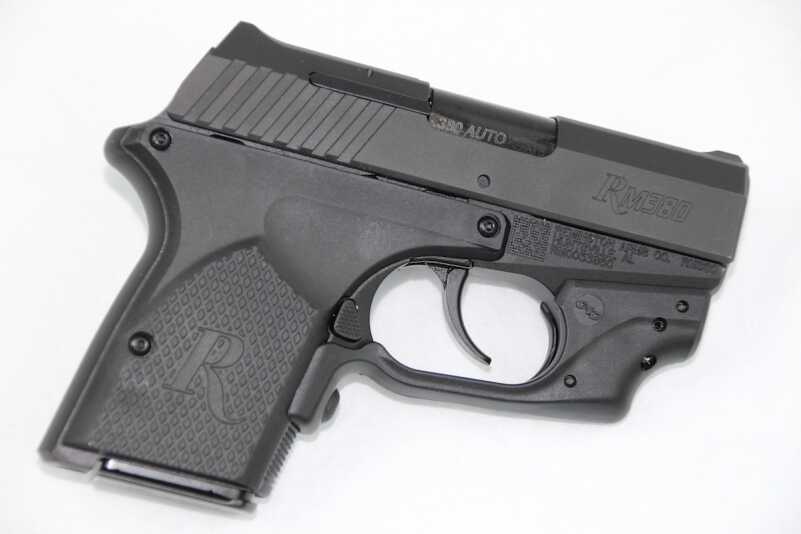 Remington RM380—Micro-Sized .380 ACP CCW Pocket Pistol, Full Review! The RM380, shown equipped with a Crimson Trace Laserguard red laser, packs .380 power into a very small package.