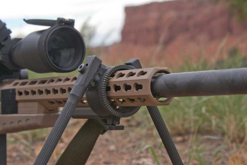 Accuracy International’s AX stock allowed me to mount the Elite Iron Bi-pod farther to the rear for use on barricades or obstacles. Those teeth bite into wood or other surfaces. 