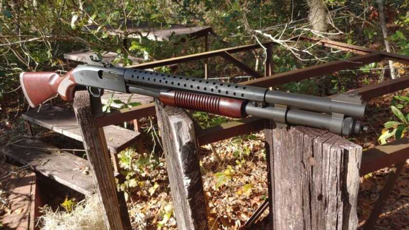 Dark wood shotgun on rustic fence