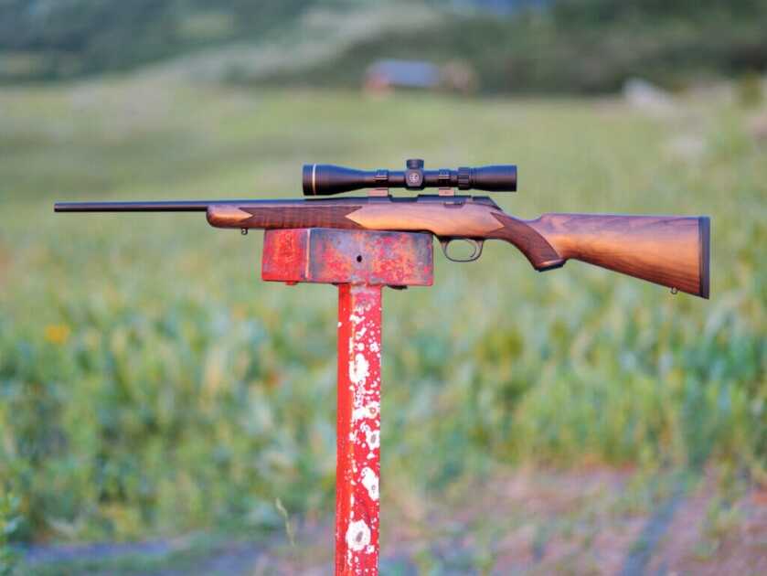 profile view of the left side of the entire rifle with a scope. It is sitting atop a red pole with a grassy hillside behind.