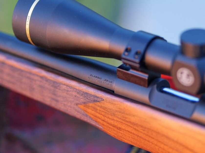 Springfield's 2020 Rimfire Rifle in warm light with closeup on matte-blued finish