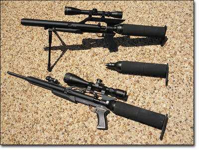 Talon SS (top) with Leupold 3-9X scope, Tri-Rail scope base, and optional bipod. Condor (bottom) with AirForce 4-16x scope and LS-1 Laser. Extra Talon air tank  (center)