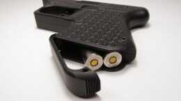 The hollow grip holds two rounds of 45 Colt ammunition. The access door is held in place by a ball detent when in the closed position.) 