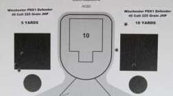 Winchester PDX 45 Colt 225 grain bullets cut clean holes in the target at 5 and 10 yards. Group sizes were also slightly smaller with this load.