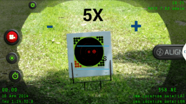 InteliSCOPE Targeting Device for Android/Apple Phones This is what the target looks like at 5x and 10yards. If you have clicked out, you have to first hit the minus then the plus to get to actual 5x instead of just it saying 5x.