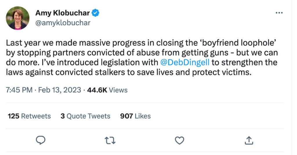A tweet from Senator sponsoring new gun control legislation.