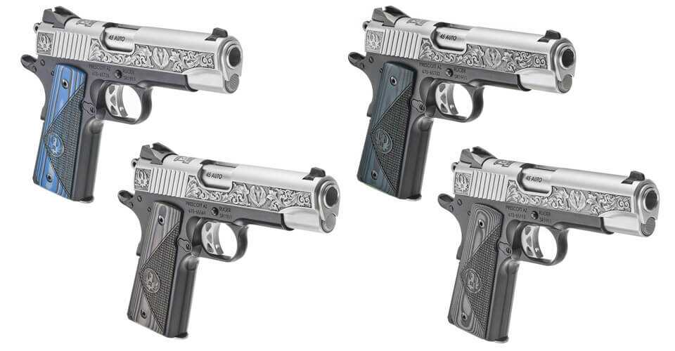 Four Ruger 1911 pistols over a white background.