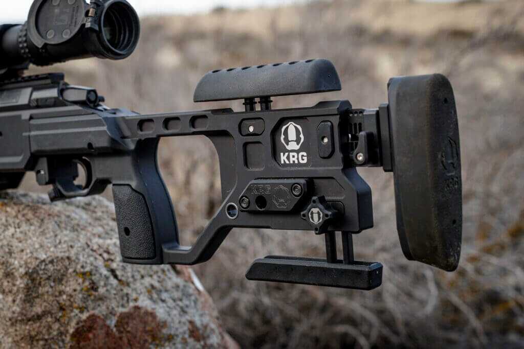 rifle butt stock featuring tool less adjustable length of pull, comb height cheek riser, and bag rider.